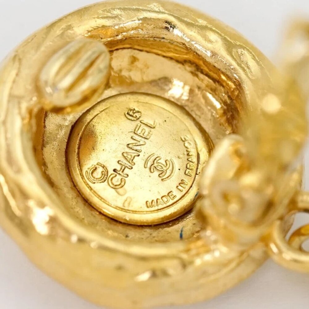 CHANEL CC Logos Rhinestone Round Drop Earrings Gold Tone Auth w/Box c11280 - Picture 6 of 7